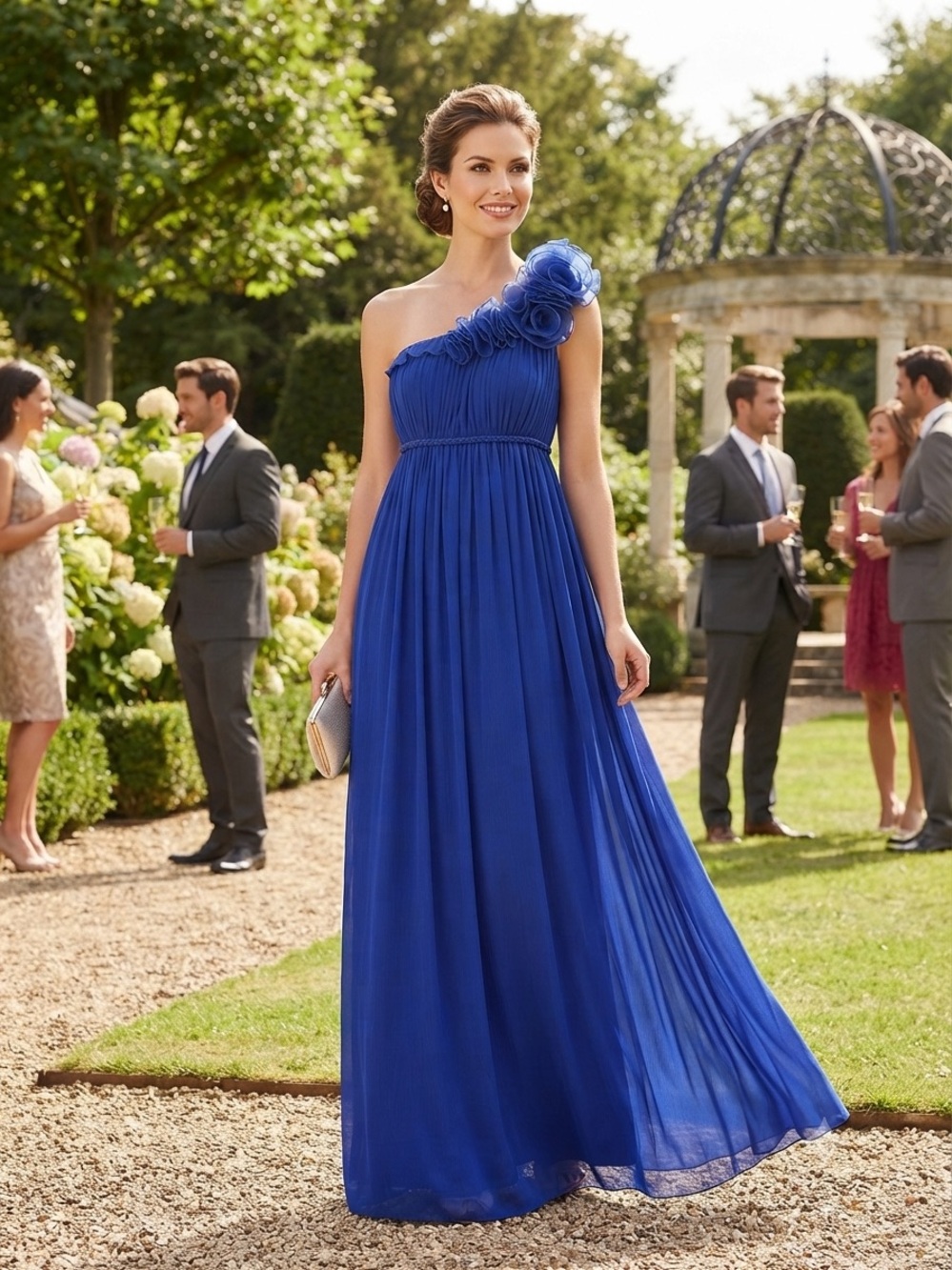 Aqua one shoulder royal blue silk evening dress 4